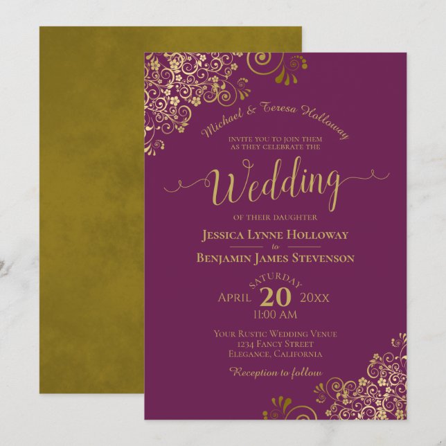 Invitation Boucles d'or sur Magenta Plum Élégant Mariage form (Devant / Derrière)