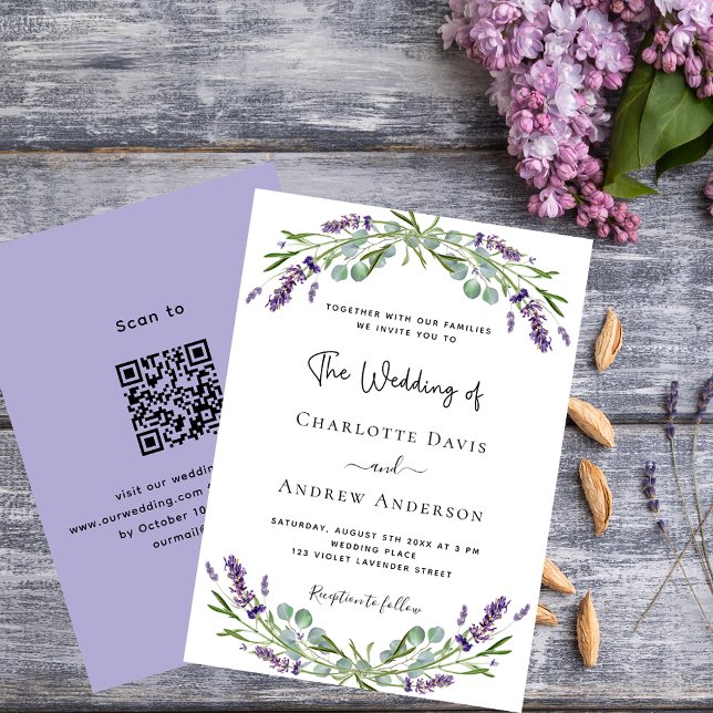 Invitation Boucles violets de lavande code QR mariage RSVP (Créateur téléchargé)
