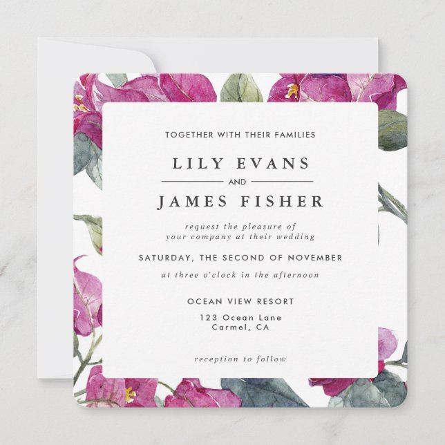 Invitation Bougainvillea Bourgogne vert rose Mariage I (Devant)