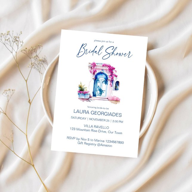 Invitation Bougainvillea Douche nuptiale à thème méditerranée (Bougainvillea Mediterranean blue themed bridal shower editable template Invitation digital download)