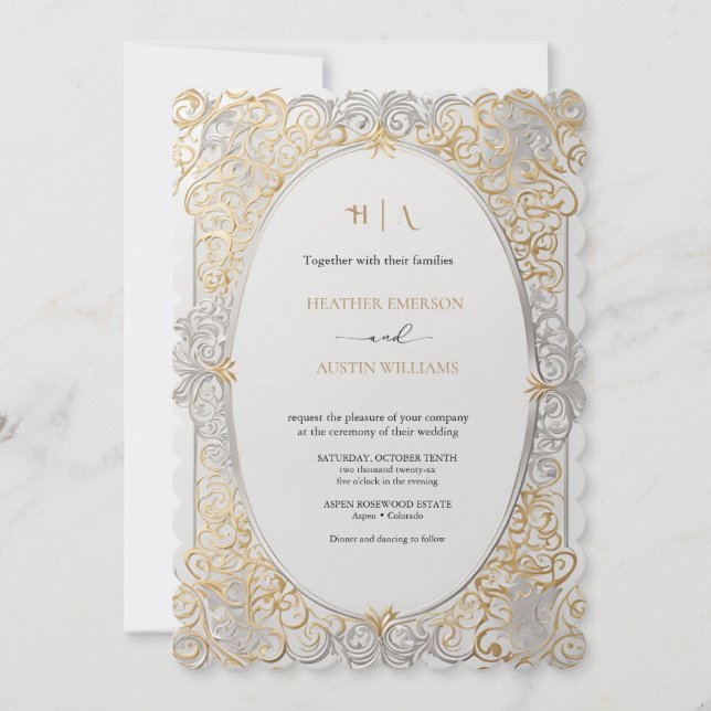 Invitation Bougainvillea Green Gold Mariage Art Nouveau Mucha (Devant)