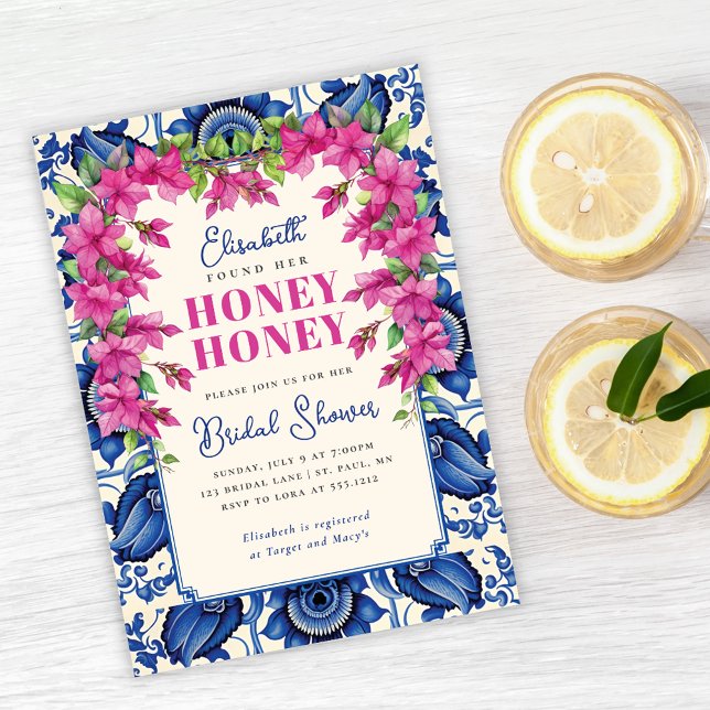 Invitation Bougainvillea rose Carrelage bleu Fête des mariées (Pink Bougainvillea Blue Tile Bridal Shower Invitation)