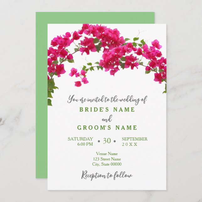 Invitation Bougainvillea tropical vert fuchsia mariage (Devant / Derrière)