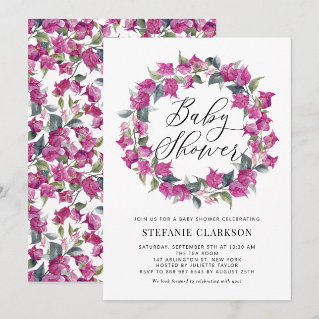 Invitation Bougainvillier d'aquarelle violet Baby shower de c (Devant / Derrière)