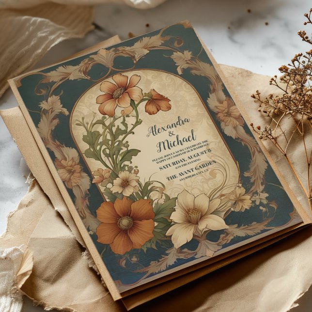 Invitation Bougainvilliers vintages Mariage Art nouveau (Créateur téléchargé)