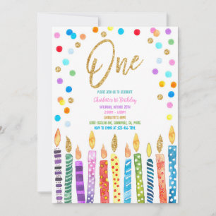 Invitation Bougie Confettis Arc-en-ciel Pastel pour 1er Anniv