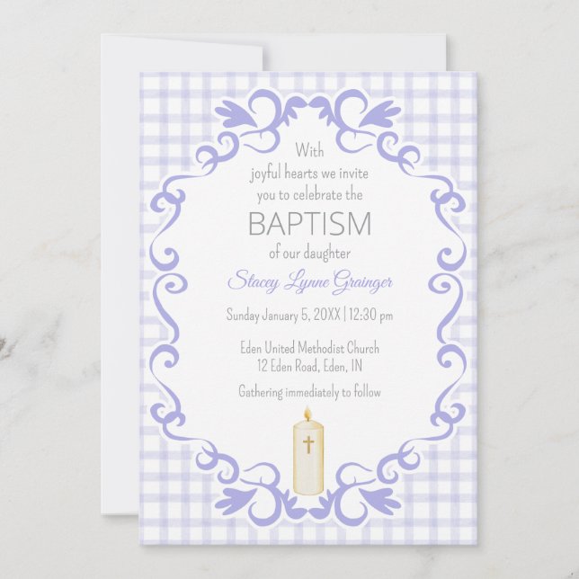 Invitation Bougie de baptême à carreaux défilée Iris 005 (Devant)