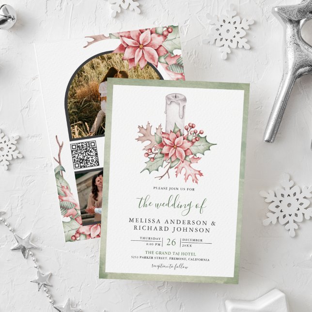 Invitation Bougie de Noël rustique au poinsettia Code QR de m (Créateur téléchargé)