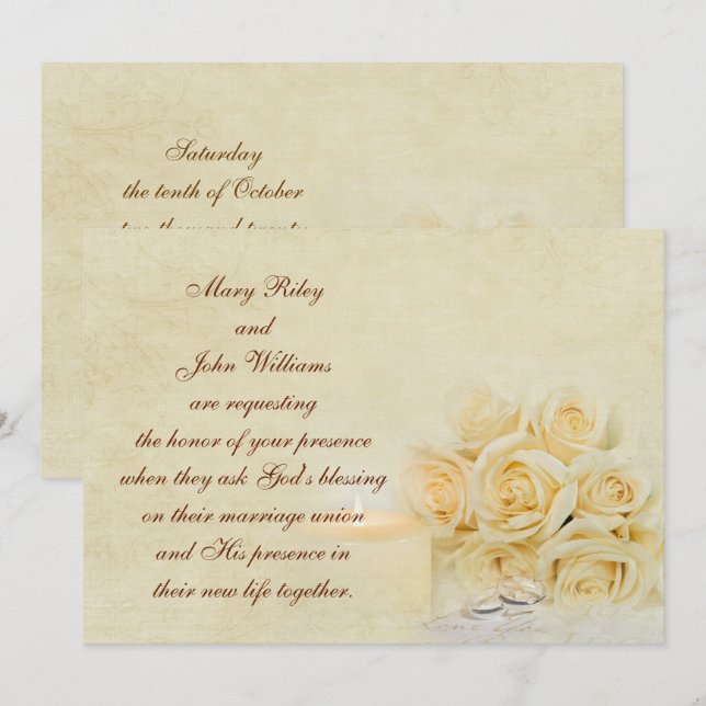 Invitation Bougie mariage et roses (Devant / Derrière)
