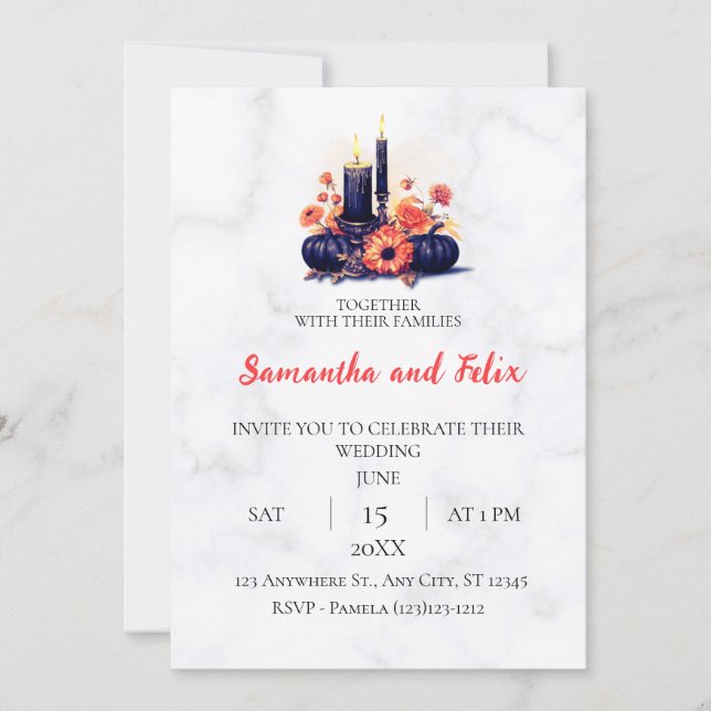 Invitation Bougie Noire Mariage Moisson d'Automne Marbre (Devant)