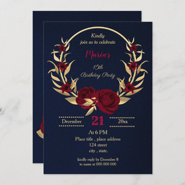 Invitation bougie or floral marine bleu fête d'anniversaire (Devant / Derrière)