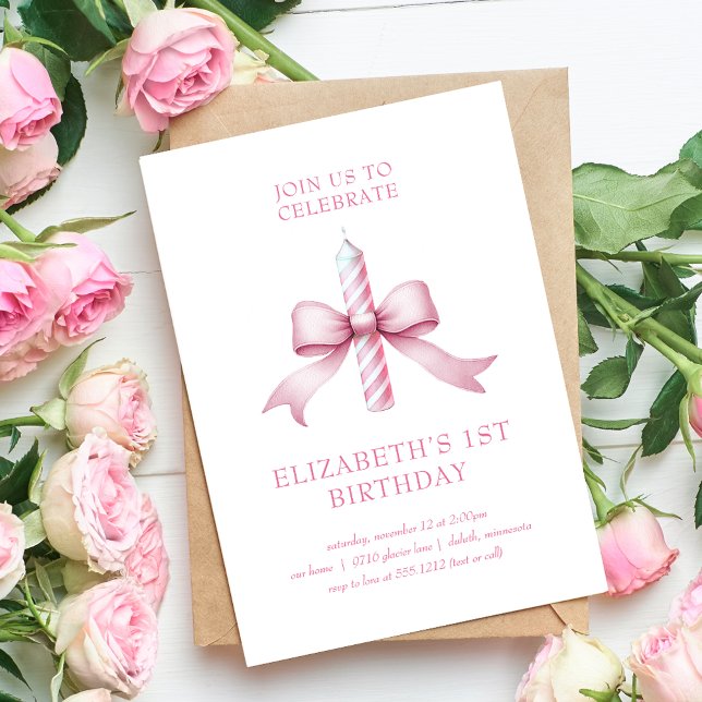 Invitation Bougie Rose Féminin Nœud Papillon pour 1er Anniver (Girly Pink Coquette Bow Candle 1st Birthday Invitation)