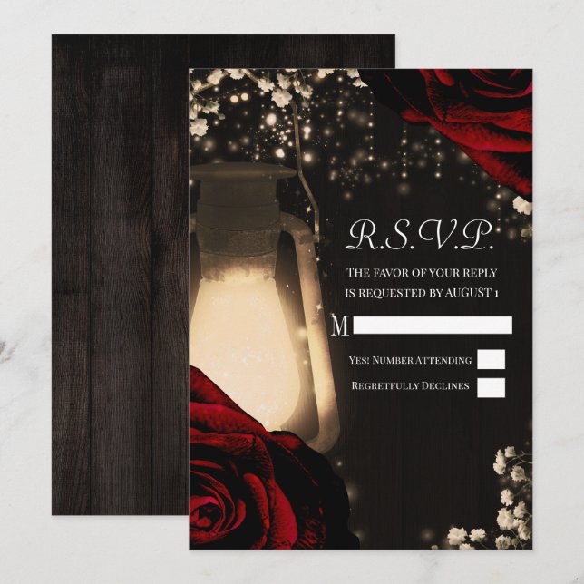 Invitation Bougie Rustique Lumineuse & Roses Rouge Foncé Mari (Devant / Derrière)