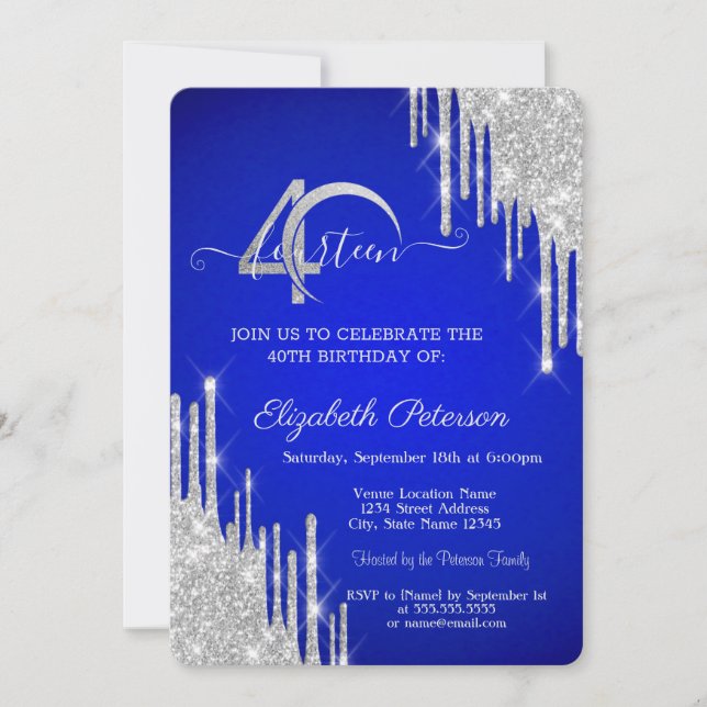 Invitation Bougies 40 ans Bleu Paillettes Argentées  (Devant)