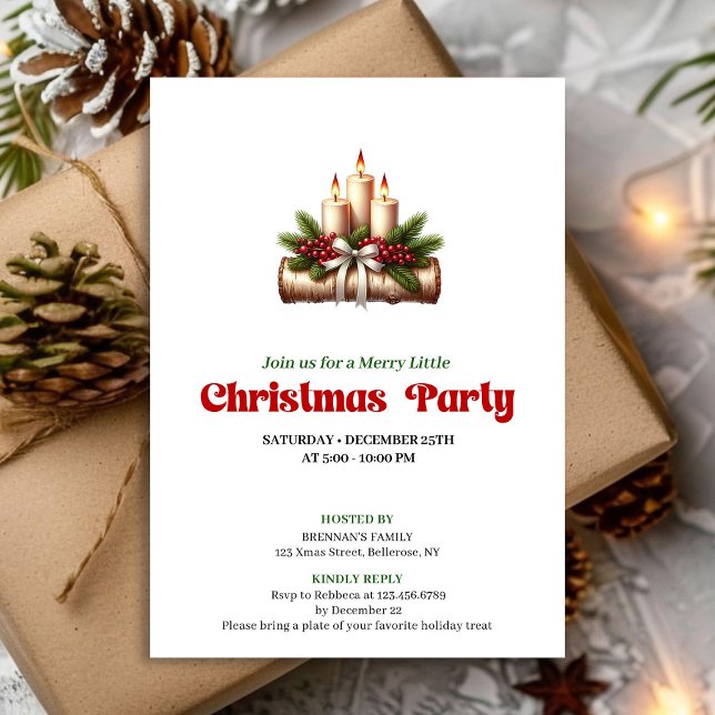 Invitation Bougies Élégantes Baies de Houx Fête de Noël (Elegant Holly Berries Candles Christmas Party Invitation)