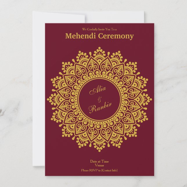 Invitation Bougogne d'or Mehendi Henna Indian (Devant)