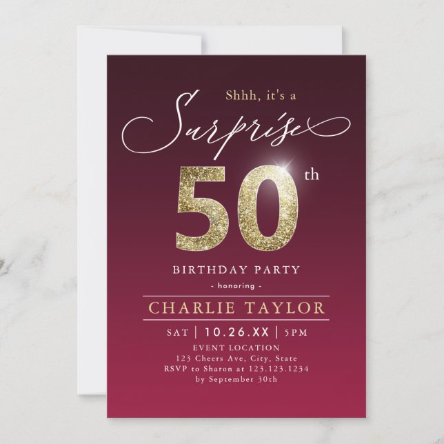 Invitation Bougogne moderne or adulte surprise 50e anniversai (Devant)
