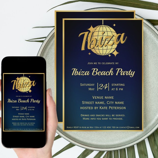 Invitation Boule à facettes disco dorée thème Ibiza eivissa p (Créateur téléchargé)