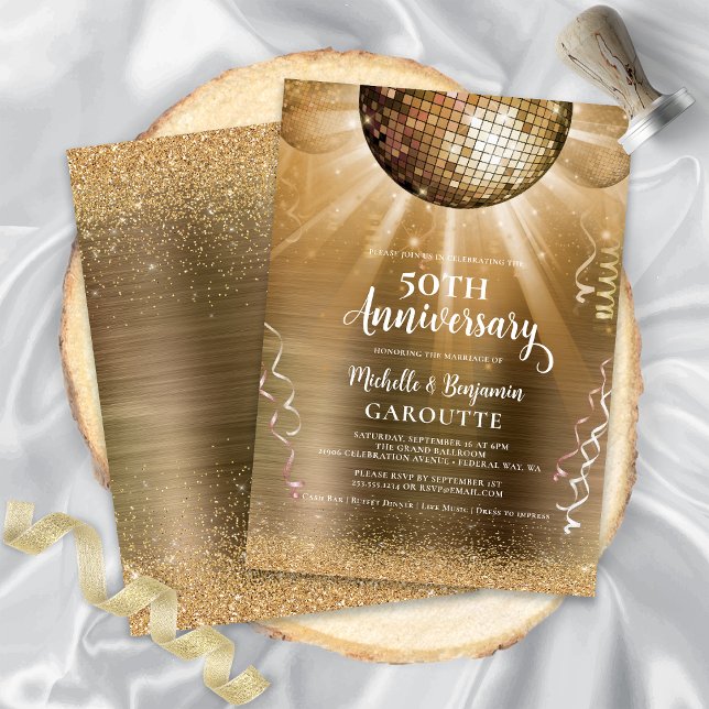 Invitation Boule à facettes disco glamour or 50e anniversaire (Gold Glam Disco Ball 50th Wedding Anniversary Invitation)