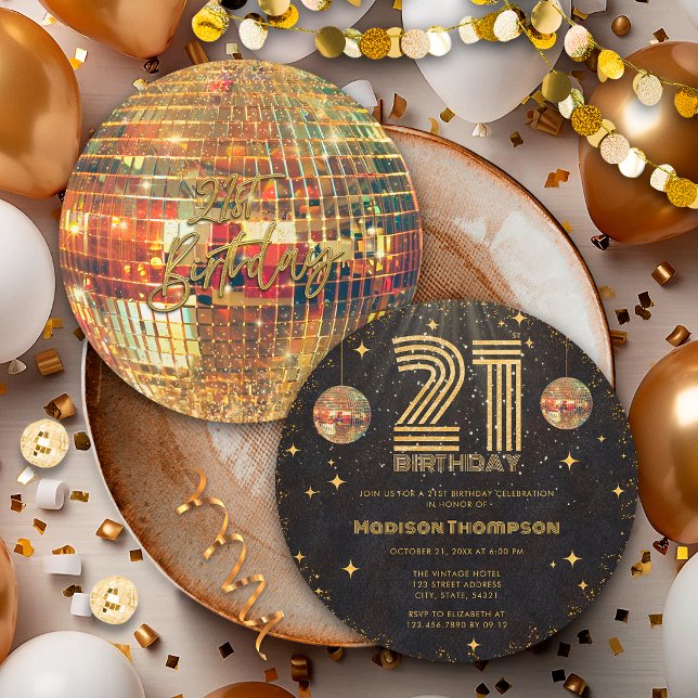 Invitation Boule à facettes disco or noir Anniversaire 21 ans (Créateur téléchargé)