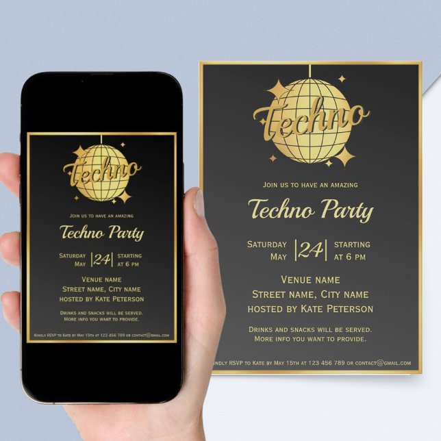Invitation Boule à facettes dorée à thème musique techno pour (Créateur téléchargé)