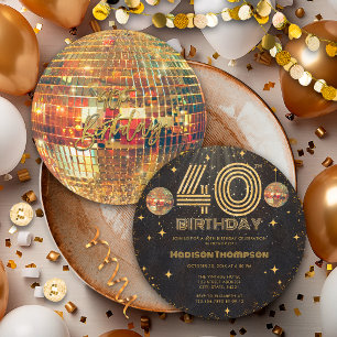 Invitation Boule à facettes Or Noir Anniversaire 40 ans Fête 