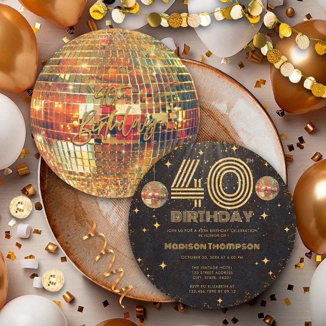 Invitation Boule à facettes Or Noir Anniversaire 40 ans Fête  (Créateur téléchargé)
