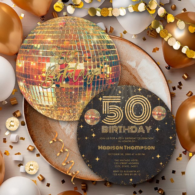 Invitation Boule à facettes Or Noir Anniversaire 50 ans Fête  (Créateur téléchargé)
