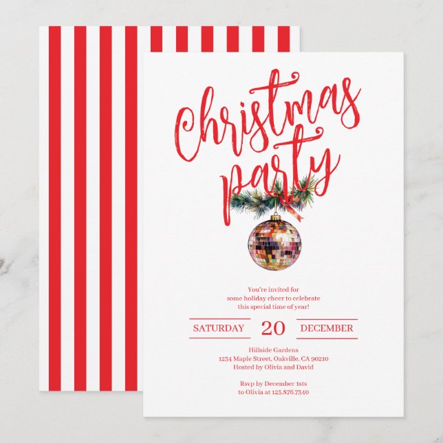 Invitation Boule à facettes pour fête de Noël rouge et blanc (Devant / Derrière)
