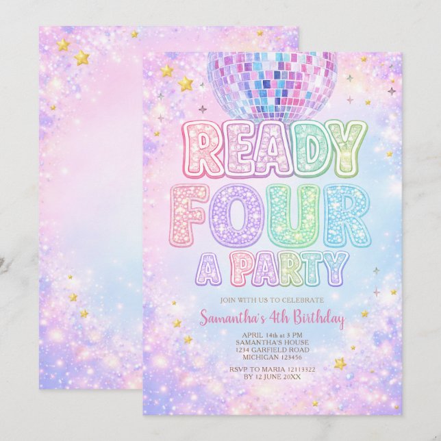 Invitation Boule à facettes prête POUR une fête d'anniversair (Devant / Derrière)