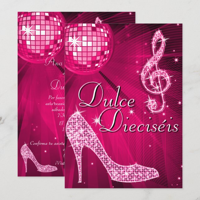 Invitation Boule à facettes rose espagnole et talons à paille (Devant / Derrière)