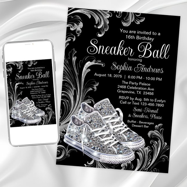 Invitation Boule Basket Diamond Anniversaire (Black white diamond sneakers sneaker ball invitation. Available for Instant download and print.)
