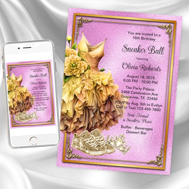 Invitation Boule Basket en or rose (Pink gold sneaker ball invitations. Instant downloads and printed invitations are available.)