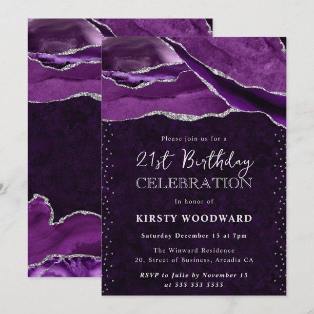 Invitation Boule d'agate Anniversaire Violet Pailleté Argenté (Devant / Derrière)