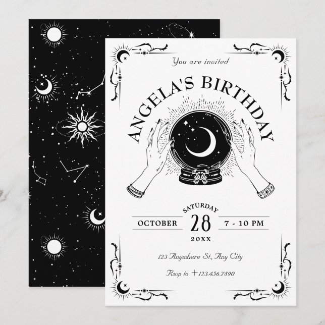 Invitation Boule de cristal de lune magique noir et blanc (Devant / Derrière)