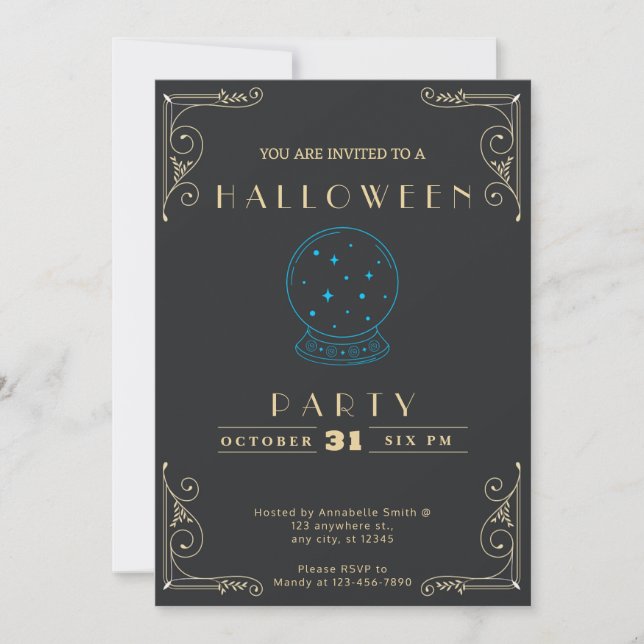 Invitation Boule de cristal noire et or Halloween (Devant)