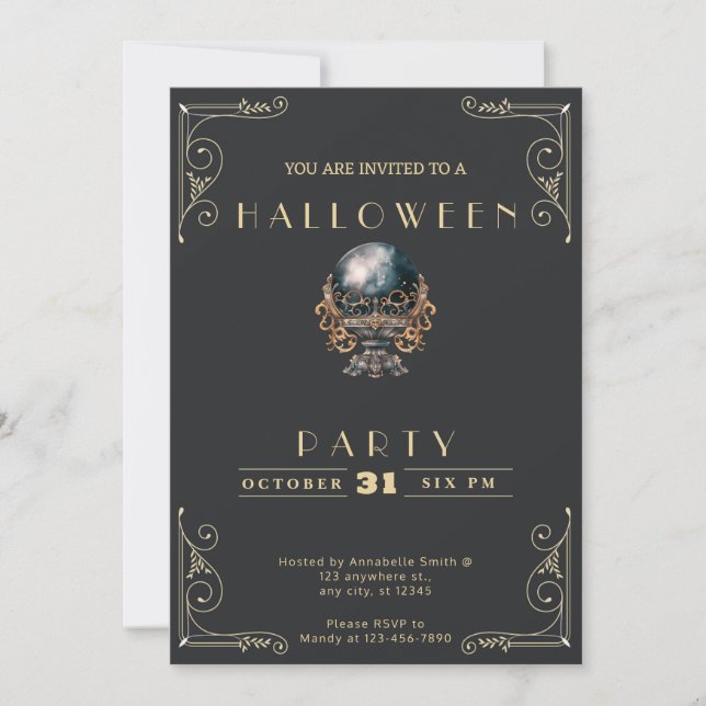 Invitation Boule de cristal noire et or Halloween (Devant)
