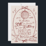 Invitation Boule De Disco Anniversaire Dessinée à la Main<br><div class="desc">Célébrez un anniversaire marquant avec notre invitation personnalisable pour les 30 ans en rouge et rose. Cette invitation élégante présente une palette de couleurs vives de rouge et de rose, complétée par des illustrations d'une boule disco, d'un verre à cocktail et d'un gâteau. Parfaite pour une célébration élégante et inoubliable....</div>