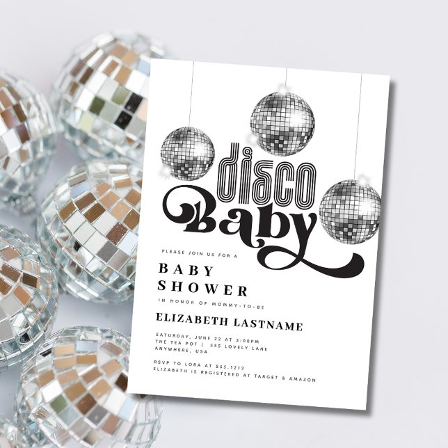 Invitation Boule de disco argentée Baby Shower Rétro Disco (Créateur téléchargé)