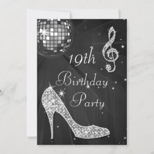 Invitation Boule de disco et talons noir et argent 19e annive