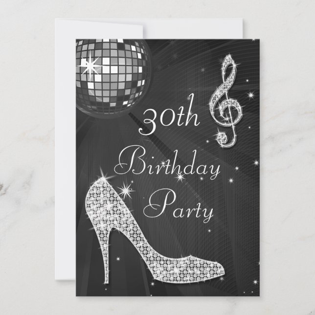 Invitation Boule de disco et talons noir et argent 30e annive (Devant)