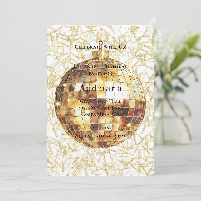 Invitation Boule de disco Glam Glitzy Or Blanc Anniversaire (Debout devant)