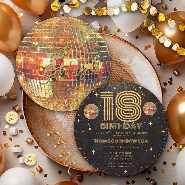Invitation Boule de disco Or Noir Anniversaire 18 ans Fête  (Créateur téléchargé)