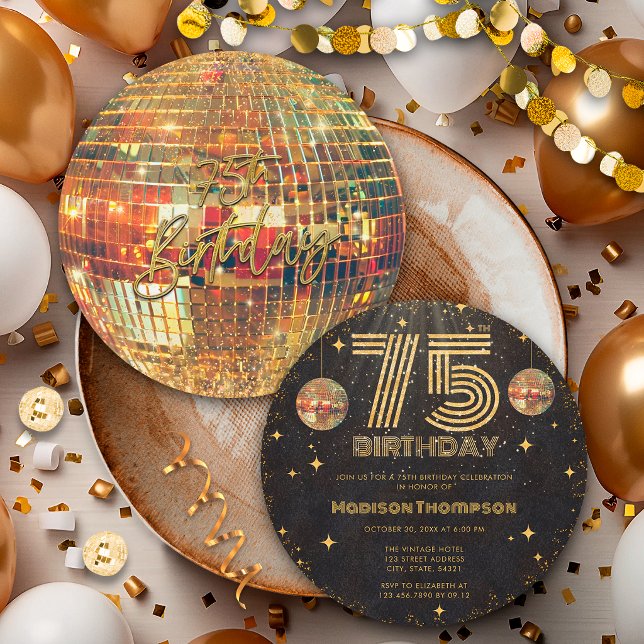 Invitation Boule de disco Or Noir Anniversaire Doré 75e Fête  (Créateur téléchargé)