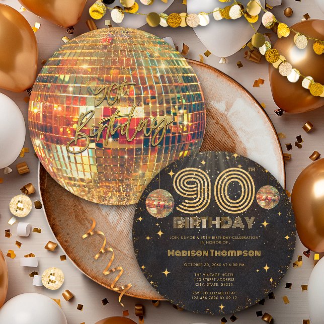 Invitation Boule de Disco Or Noir Anniversaire Doré 90ème Fêt (Créateur téléchargé)