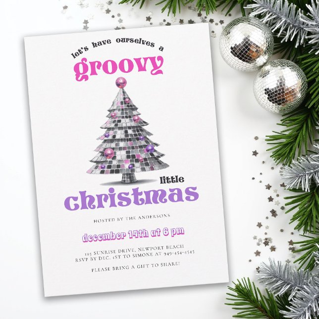 Invitation Boule de Disco pour un Petit Noël Groovy Fête de N (christmas party invitation corporate business disco tree groovy 70s hot pink black elegant fun)