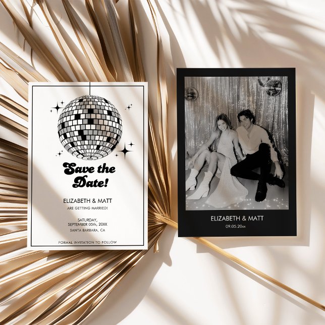 Invitation Boule De Disco Rétro Économisez La Date Noir Blanc (disco ball save the date, retro wedding invitation, black and white wedding, modern retro wedding, s)