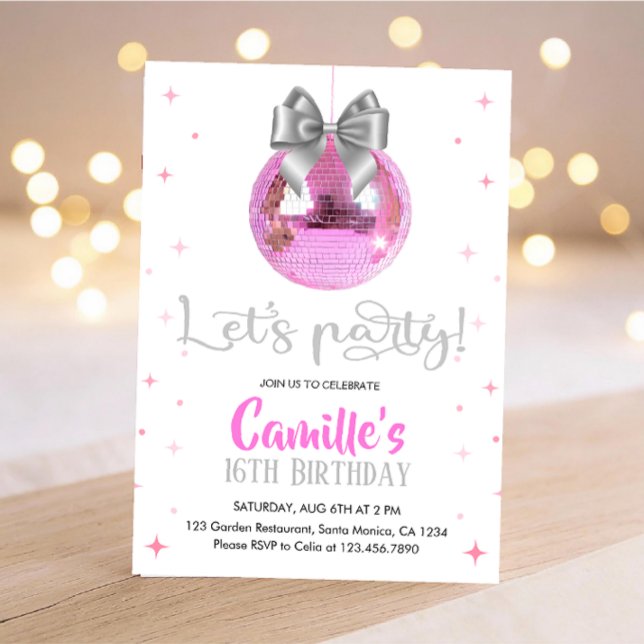 Invitation Boule de disco rose | Anniversaire de l'arc en arg (Créateur téléchargé)