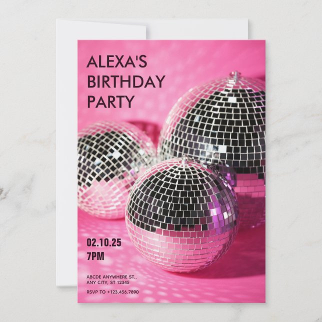Invitation Boule de disco rose fête d'anniversaire (Devant)