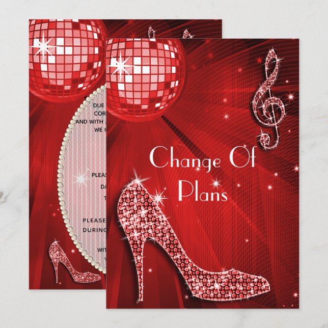 Invitation Boule de Disco Rouge et Talons Changement de Plans (Devant / Derrière)